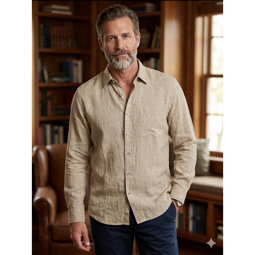 MINE Mens L Khaki Linen Button Down Shirt Long Fitted Sleeve Solid Made in India